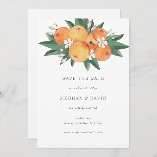 Orange Blossoms Citrus Botanical Save the Date  案内状 (正面/裏面)