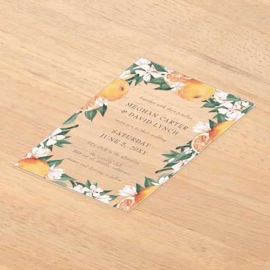 Orange Blossoms Citrus Botanical Wedding アクリル招待状 (レイダウン)