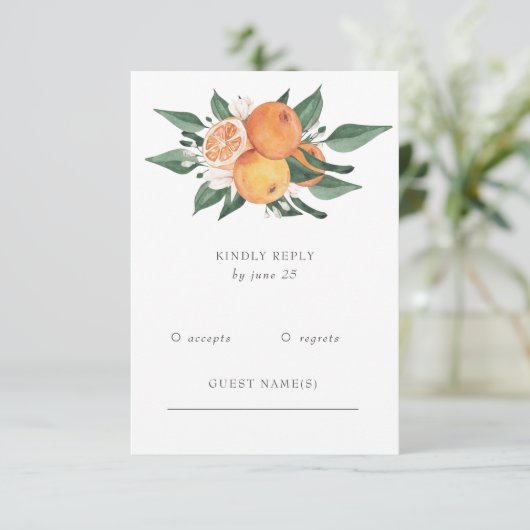 Orange Blossoms Citrus Botanical Wedding 出欠カード (スタンド正面)