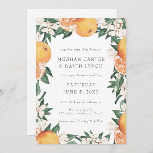 Orange Blossoms Citrus Botanical Wedding  招待状 (正面/裏面)