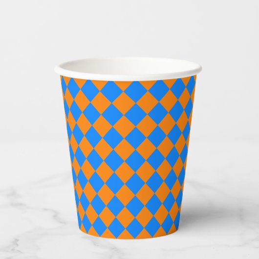 Orange Blue Checker Diamond Pattern 紙コップ (正面)
