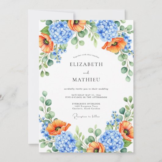 Orange Blue Floral Spring Wedding 招待状 (正面)