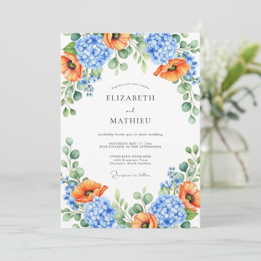 Orange Blue Floral Spring Wedding 招待状 (スタンド正面)