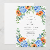 Orange Blue Floral Spring Wedding 招待状 (正面/裏面)