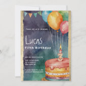 Orange blue purple cake balloons 5th Birthday 招待状 (正面)