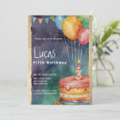 Orange blue purple cake balloons 5th Birthday 招待状 (スタンド正面)