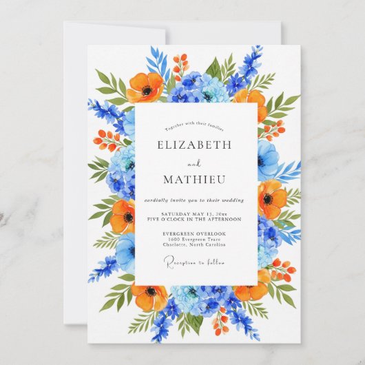 Orange Blue Vibrant Floral Wedding 招待状 (正面)
