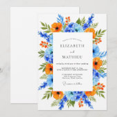 Orange Blue Vibrant Floral Wedding 招待状 (正面/裏面)