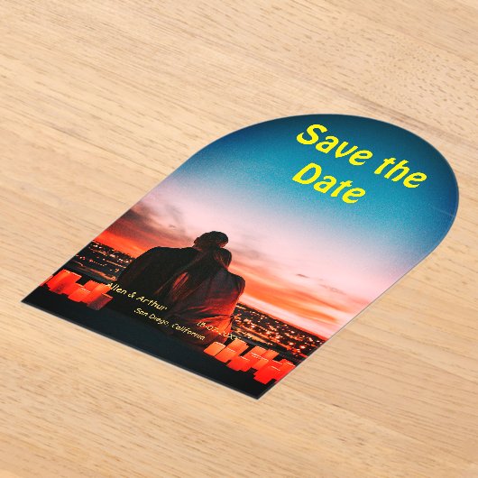 orange boho日付を保存QRウェブサイト名を追加phot アクリル招待状 (レイダウン)