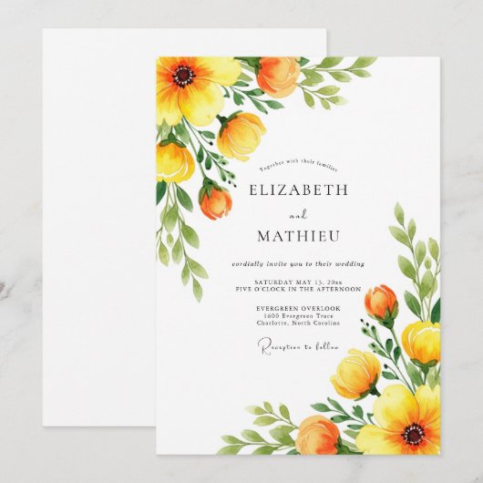 Orange Botanical Blossom Wedding 招待状 (正面/裏面)