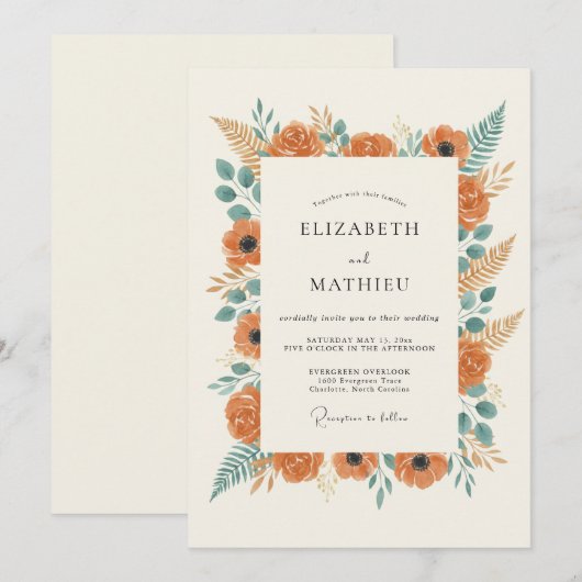 Orange Botanical Rustic Wedding 招待状 (正面/裏面)
