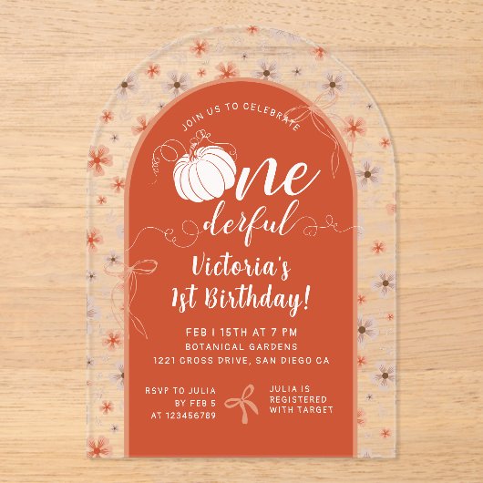 ORANGE BOW & ARCH FALL PUMPKIN FLOWERS BIRTHDAY アクリル招待状 (正面)