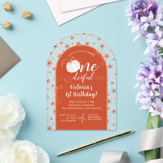 ORANGE BOW & ARCH FALL PUMPKIN FLOWERS BIRTHDAY アクリル招待状 (インサイチュ (ウェディング))