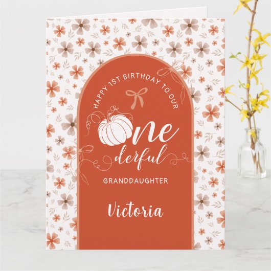 ORANGE BOW & ARCH FALL PUMPKIN FLOWERS BIRTHDAY カード (黄色い花)