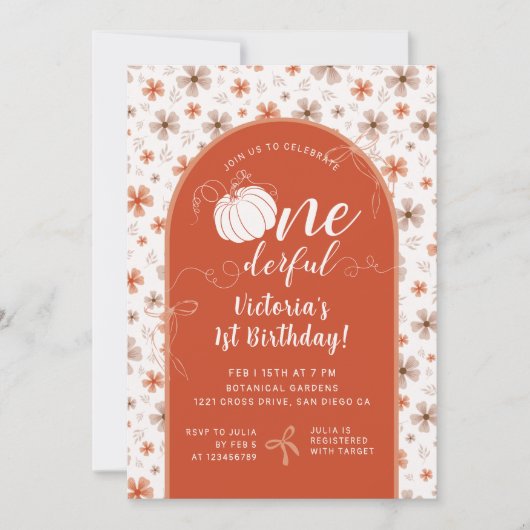 ORANGE BOW & ARCH FALL PUMPKIN FLOWERS BIRTHDAY 招待状 (正面)