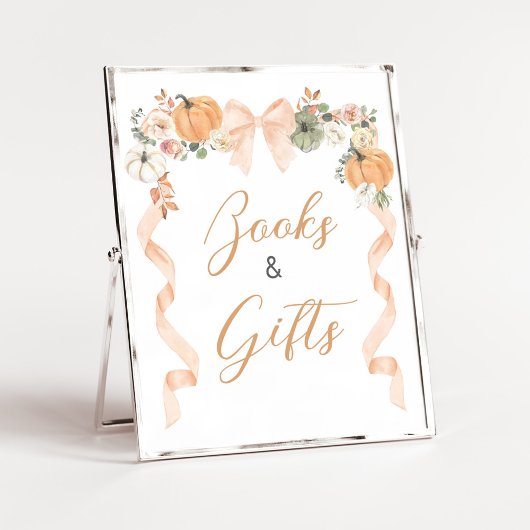 Orange Bow Pumpkin Baby Shower Books and Gift Sign ポスター