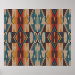 Orange Brown Red Teal Blue Ethnic Tribal Mosaic ポスター