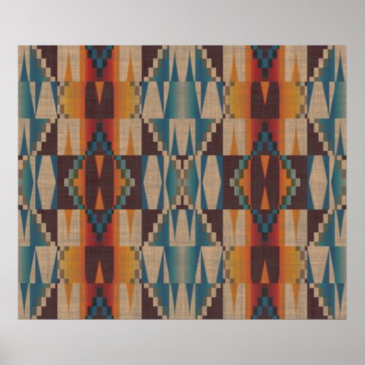 Orange Brown Red Teal Blue Ethnic Tribal Mosaic ポスター (正面)