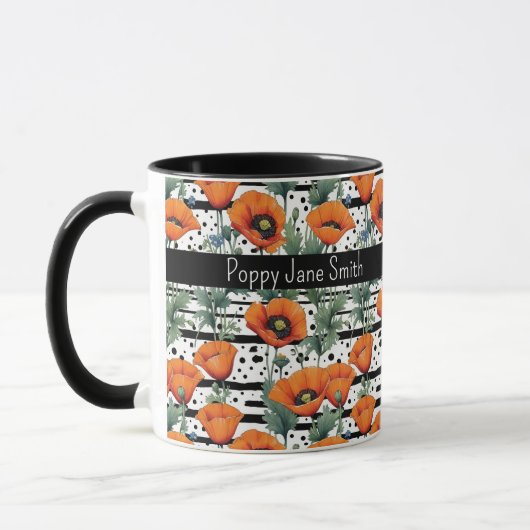 Orange California Poppies Black and White Stripes マグカップ (左)