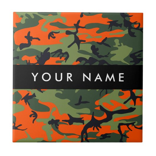 Orange Camouflage Pattern, Your name, Personalize タイル (正面)