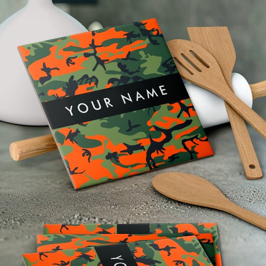 Orange Camouflage Pattern, Your name, Personalize タイル