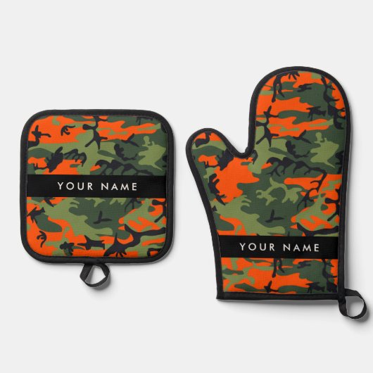 Orange Camouflage Pattern, Your name, Personalize 鍋つかみ&鍋敷きセット (正面)