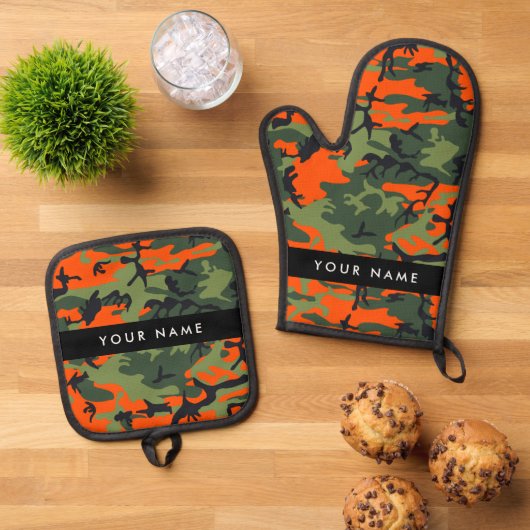 Orange Camouflage Pattern, Your name, Personalize 鍋つかみ&鍋敷きセット (トップダウン)