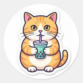 Orange Cat Drinking Juice Sticker Funny Cute Cat ラウンドシール