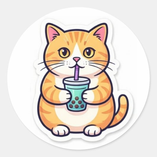 Orange Cat Drinking Juice Sticker Funny Cute Cat ラウンドシール (正面)