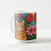 Orange Cat Folk Art Flowers コーヒーマグカップ (正面左)