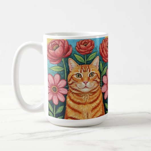 Orange Cat Folk Art Flowers コーヒーマグカップ (左)