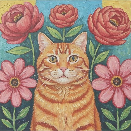 Orange Cat Folk Art Flowers シール (正面)