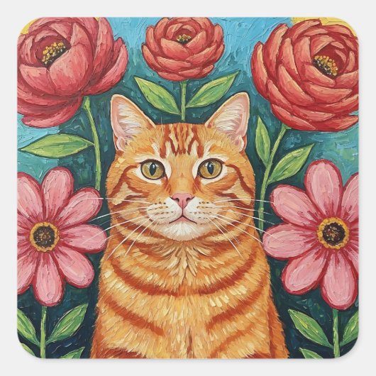 Orange Cat Folk Art Flowers スクエアシール (正面)
