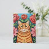 Orange Cat Folk Art Flowers ポストカード (スタンド正面)