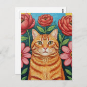 Orange Cat Folk Art Flowers ポストカード (正面/裏面)
