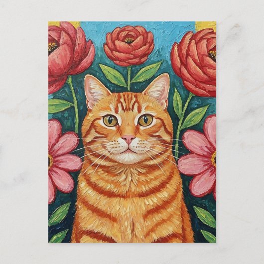 Orange Cat Folk Art Flowers ポストカード (正面)