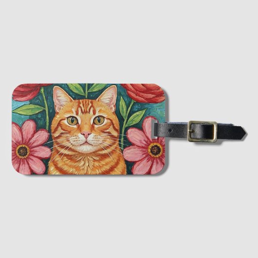 Orange Cat Folk Art Flowers ラゲッジタグ (正面横)