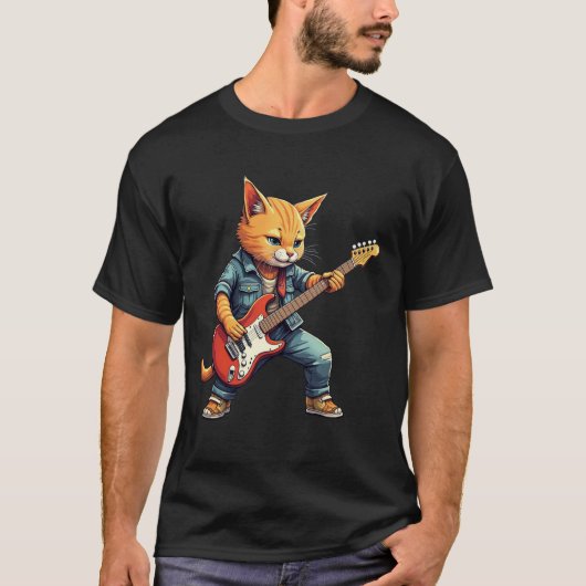 Orange Cat Guitar Player Tシャツ (正面)