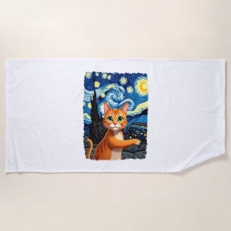 Orange Cat Selfie Starry Night Cat Mom Cat Lovers ビーチタオル