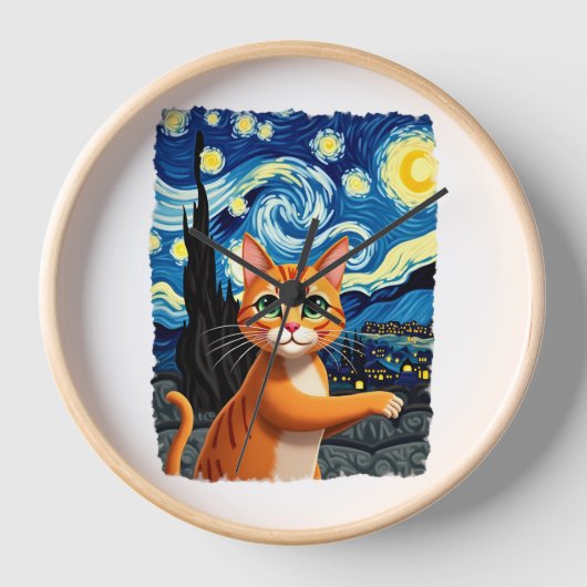 Orange Cat Selfie  Starry Night Cat Mom Cat Lovers 壁時計 (正面)