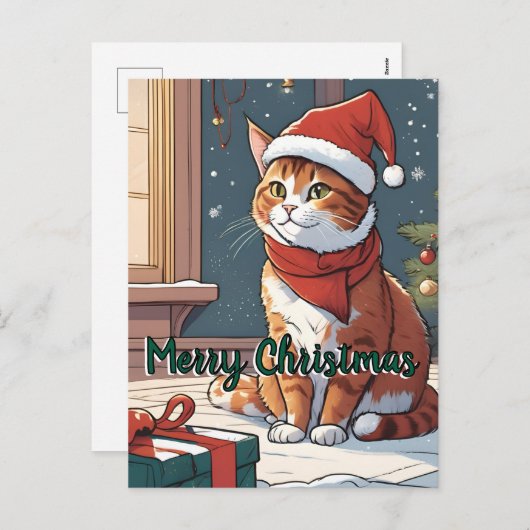 Orange cat with Christmas hat cute animal pet シーズンポストカード (正面/裏面)