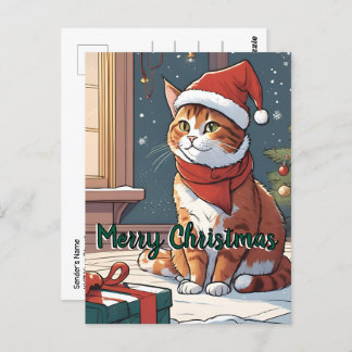 Orange cat with Christmas hat cute animal pet  ポストカード