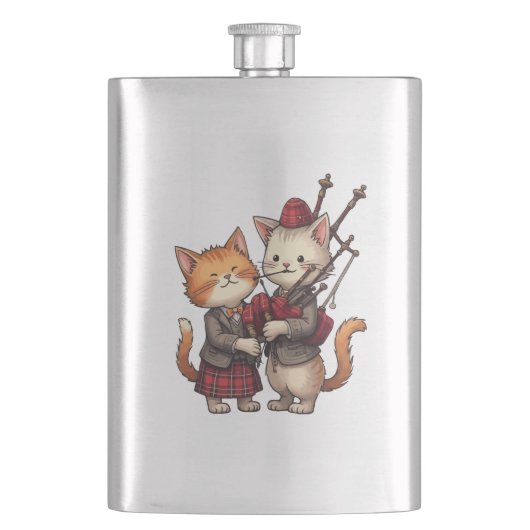 Orange Cats Playing Bagpipes and Wearing Plaid フラスク (正面)