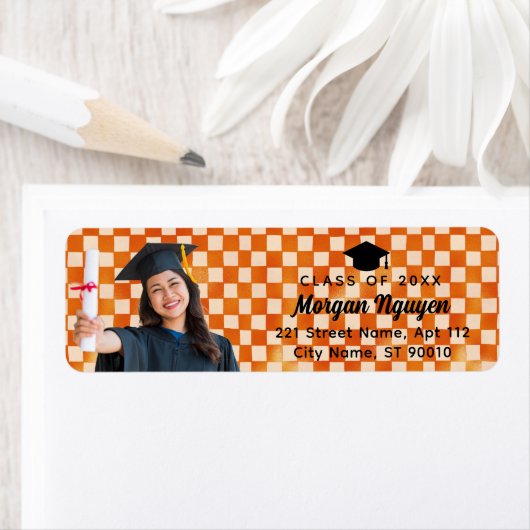 Orange Check Custom Photo Graduate Return Address ラベル (インサイチュ)