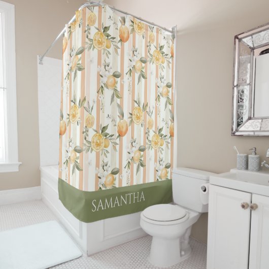 Orange Citrus Floral Peach Stripe Name シャワーカーテン (インサイチュ)