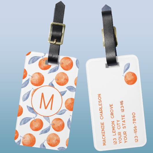 Orange Citrus Watercolor Monogram Mediterranean ラゲッジタグ
