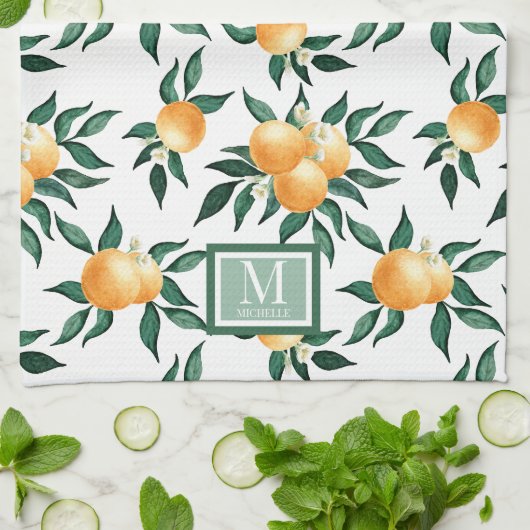 Orange Citrus Watercolor Monogram Name  キッチンタオル (折り畳み)