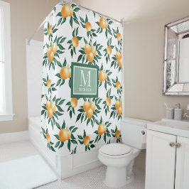 Orange Citrus Watercolor Monogram Name シャワーカーテン