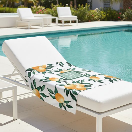 Orange Citrus Watercolor Monogram Name  ビーチタオル