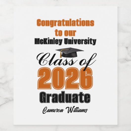 Orange Class of 2026 Graduation Party Custom ワインラベル (シングルラベル)